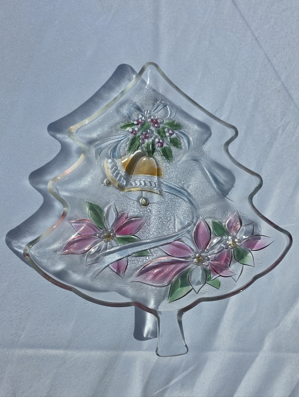 Mikasa Frosted Glass Christmas Tree Platter Hand Painted Poinsettia Holiday